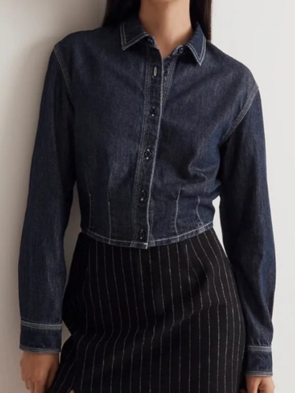 Madewell Denim Pleated Cropped Button-Up Shirt - Womens Small